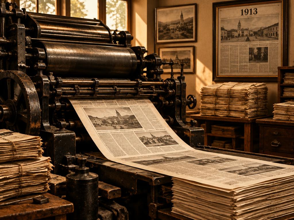 Vintage printing press producing Spanish language newspapers, with a framed 1913 front page on the wall